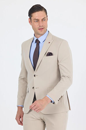 Bej Kırlangıç Yaka Kelebek Astar 6 Drop Slim Fit   Beli Lastikli Takım Elbise 1001250176