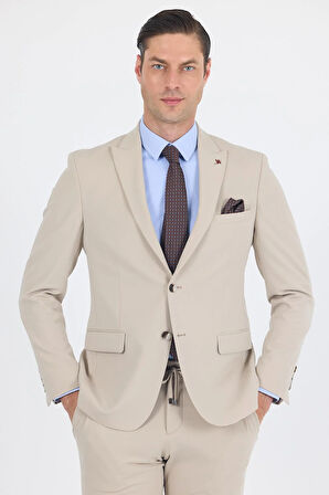 Bej Kırlangıç Yaka Kelebek Astar 6 Drop Slim Fit   Beli Lastikli Takım Elbise 1001250176