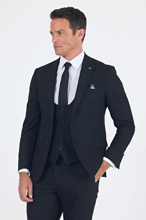 Siyah Düz Bez Ayağı Mono Yaka 2 Düğme 6 Drop Slim Fit Basic Takım Elbise 1001250186_001