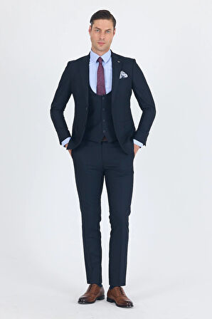 Lacivert Düz Bez Ayağı Mono Yaka 2 Düğme 6 Drop Slim Fit Basic Takım Elbise 1001250186_206