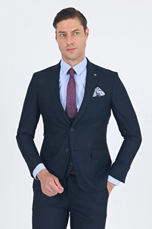 Lacivert Düz Bez Ayağı Mono Yaka 2 Düğme 6 Drop Slim Fit Basic Takım Elbise 1001250186_206