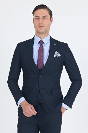 Lacivert Düz Bez Ayağı Mono Yaka 2 Düğme 6 Drop Slim Fit Basic Takım Elbise 1001250186_206