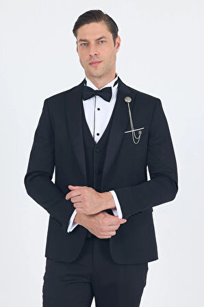 Siyah Kılıç Yaka Tek Düğme Slim Fit Yelekli Ceremony Takım Elbise 1001250200