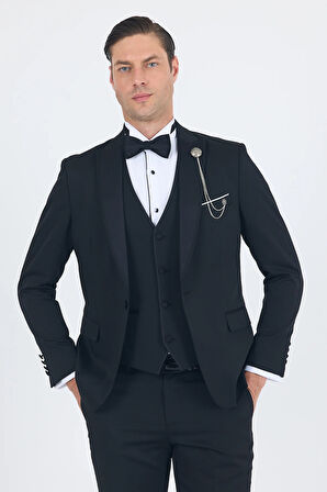 Siyah Kılıç Yaka Tek Düğme Slim Fit Yelekli Ceremony Takım Elbise 1001250200