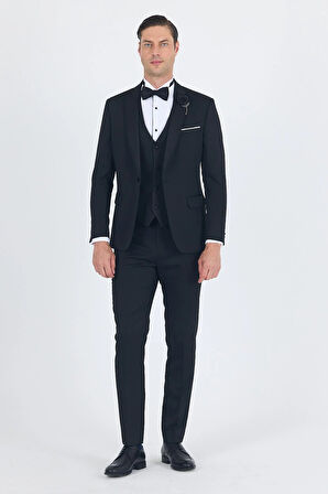 Siyah Mono Yaka Tek Düğme Slim Fit Yelekli Ceremony Takım Elbise 1001250201