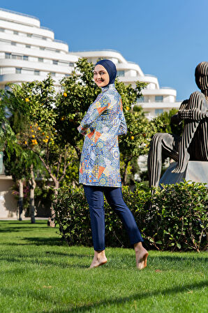 MİRATES LACİVERT ETNİK DESENLİ BALIKÇI YAKA MİCRO (ESNEK VE ÇABUK KURUYAN) KUMAŞ TESETTÜR MAYO