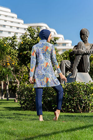 MİRATES LACİVERT ETNİK DESENLİ BALIKÇI YAKA MİCRO (ESNEK VE ÇABUK KURUYAN) KUMAŞ TESETTÜR MAYO