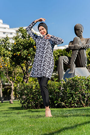 MİRATES SİYAH BEYAZ  DESENLİ BALIKÇI YAKA MİCRO (ESNEK VE ÇABUK KURUYAN) KUMAŞ TESETTÜR MAYO