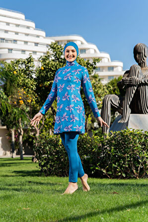 MİRATES PETROL RENGİ  DESENLİ BALIKÇI YAKA MİCRO (ESNEK VE ÇABUK KURUYAN) KUMAŞ TESETTÜR MAYO