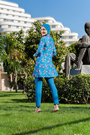 MİRATES PETROL RENGİ  DESENLİ BALIKÇI YAKA MİCRO (ESNEK VE ÇABUK KURUYAN) KUMAŞ TESETTÜR MAYO