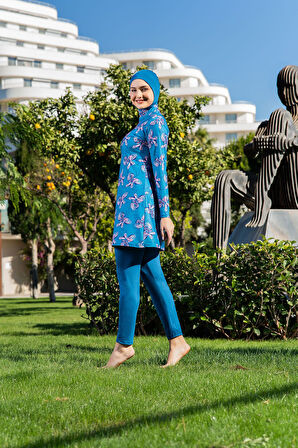 MİRATES PETROL RENGİ  DESENLİ BALIKÇI YAKA MİCRO (ESNEK VE ÇABUK KURUYAN) KUMAŞ TESETTÜR MAYO