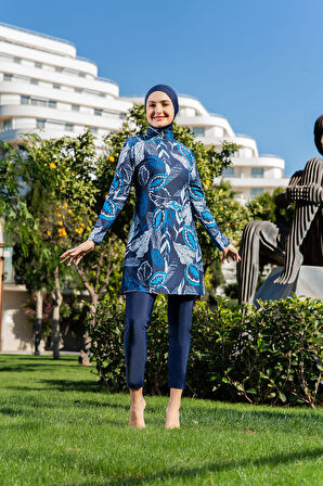 MİRATES LACİVERT YAPRAK DESENLİ BALIKÇI YAKA MİCRO (ESNEK VE ÇABUK KURUYAN) KUMAŞ TESETTÜR MAYO