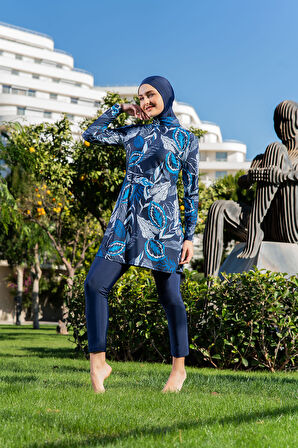 MİRATES LACİVERT YAPRAK DESENLİ BALIKÇI YAKA MİCRO (ESNEK VE ÇABUK KURUYAN) KUMAŞ TESETTÜR MAYO