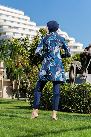 MİRATES LACİVERT YAPRAK DESENLİ BALIKÇI YAKA MİCRO (ESNEK VE ÇABUK KURUYAN) KUMAŞ TESETTÜR MAYO