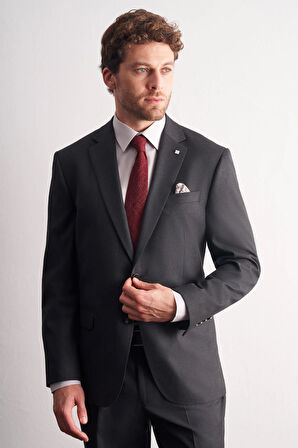 Antrasit Mono Yaka Kendinden Çizgili Desen Esnek 4 Drop Comfort Fit Classic Takım Elbise 1001255159