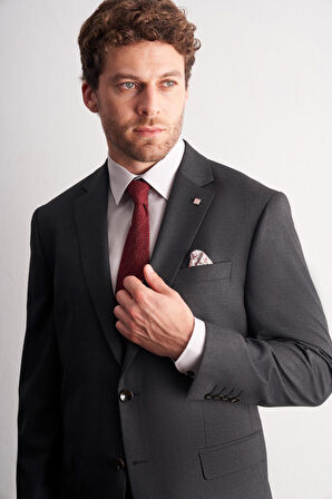 Antrasit Mono Yaka Kendinden Çizgili Desen Esnek 4 Drop Comfort Fit Classic Takım Elbise 1001255159