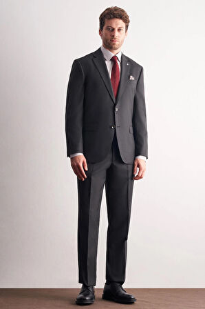 Antrasit Mono Yaka Kendinden Çizgili Desen Esnek 4 Drop Comfort Fit Classic Takım Elbise 1001255159