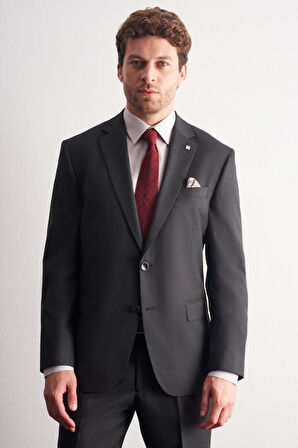 Antrasit Mono Yaka Kendinden Çizgili Desen Esnek 4 Drop Comfort Fit Classic Takım Elbise 1001255159