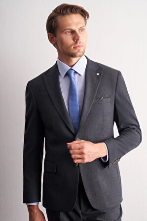 Lacivert Kırlangıç Yaka Çizgili Desen Kruvaze Esnek 6 Drop Slim Fit Classic Takım Elbise 1001255165