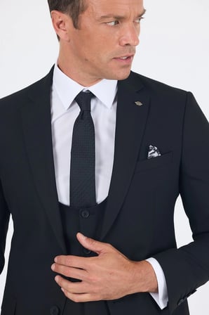 Siyah Mono Yaka Astarlı Çift Yırtmaç Esnek 6 Drop Slim Fit Basic Yelekli Takım Elbise 1001255186
