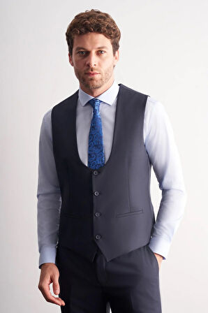 Lacivert Mono Yaka Astarlı Çift Yırtmaç Esnek 6 Drop Slim Fit Basic Yelekli Takım Elbise 1001255186