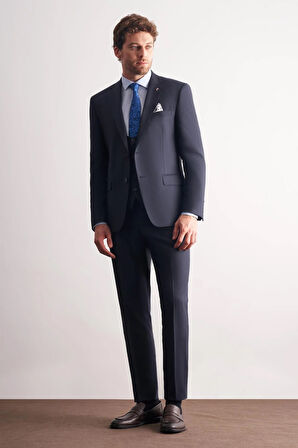 Lacivert Mono Yaka Astarlı Çift Yırtmaç Esnek 6 Drop Slim Fit Basic Yelekli Takım Elbise 1001255186