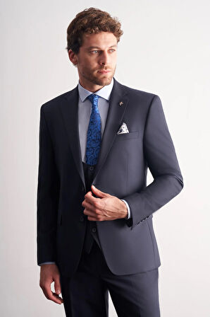 Lacivert Mono Yaka Astarlı Çift Yırtmaç Esnek 6 Drop Slim Fit Basic Yelekli Takım Elbise 1001255186