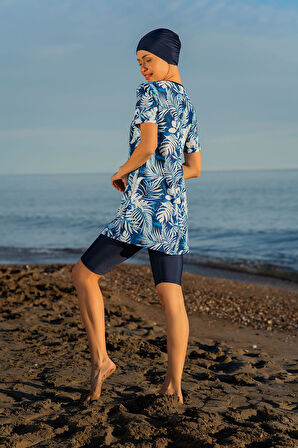 MİRATES LACİVERT YAPRAK DESENLİ YARIM KOL MİCRO (ESNEK VE ÇABUK KURUYAN) KUMAŞ YARI TESETTÜR MAYO