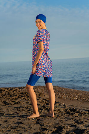 MİRATES MAVİ ÇİÇEK  DESENLİ YARIM KOL MİCRO (ESNEK VE ÇABUK KURUYAN) KUMAŞ YARI TESETTÜR MAYO