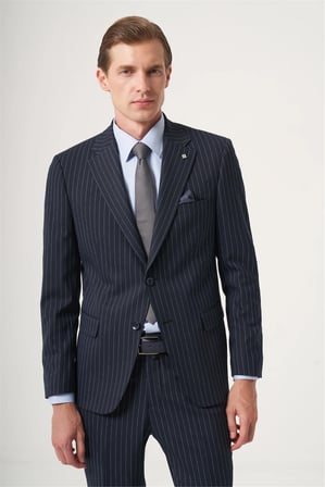 Lacivert Mono Yaka Çizgili 6 Drop Slim Fit Tam Astar Esnek Takım Elbise 1001260149