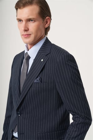 Lacivert Mono Yaka Çizgili 6 Drop Slim Fit Tam Astar Esnek Takım Elbise 1001260149
