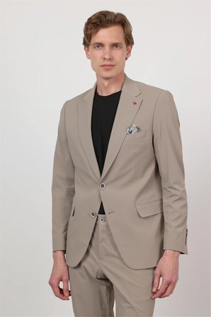 Koyu Bej Kendinden Desenli Mono Yaka 6 Drop Slim Fit Takım Elbise 1001260162