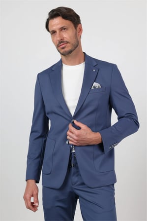 Koyu Lacivert Kendinden Desenli Mono Yaka 6 Drop Slim Fit Takım Elbise 1001260165