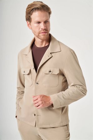 Bej Berberi Yaka Örme Beli Lastikli 6 Drop Slim Fit Astarsız Esnek Takım Elbise 1001260177