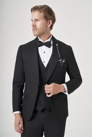 Siyah Kırlangıç Yaka Düz Desen 6 Drop Slim Fit Yelekli Damatlık Takım Elbise 1001260206