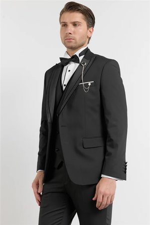 Siyah Kılıç Yaka Düz Desen 6 Drop Slim Fit Esnek Yelekli Takım Elbise 1001260288