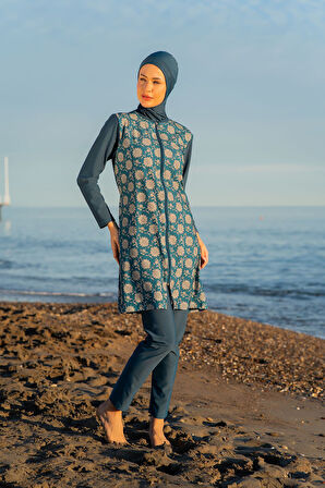 MİRATES PETROL RENGİ DESENLİ BÜYÜK BEDEN PARAŞÜT KUMAŞ TESETTÜR MAYO