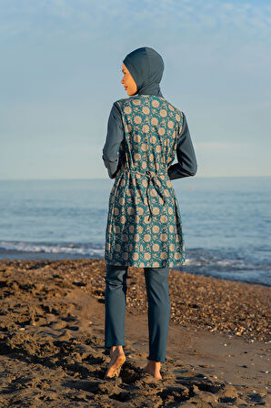 MİRATES PETROL RENGİ DESENLİ BÜYÜK BEDEN PARAŞÜT KUMAŞ TESETTÜR MAYO