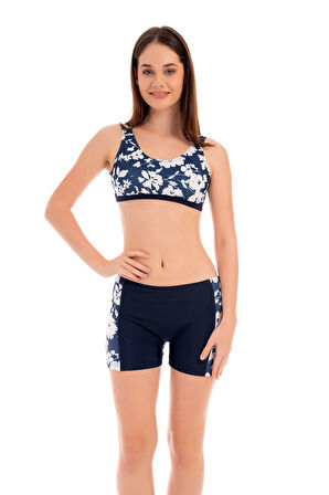 RUKOMAYO LACİVERT ÇİÇEK DESENLİ OMUZDAN ASKILI FREESET MODEL ŞORTLU LYCRA KUMAŞ BİKİNİ