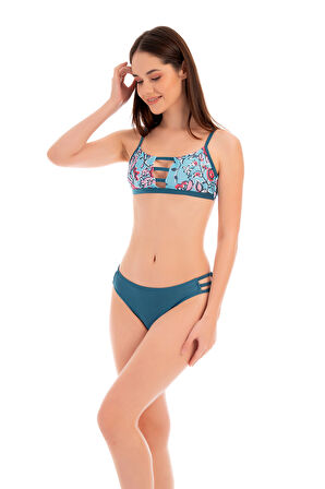 RUKOMAYO MAVİ ÇİÇEK DESENLİ GÖĞÜS DETAYLI  OMUZDAN AYAR ASKILI FREESET MODEL LYCRA KUMAŞ BİKİNİ