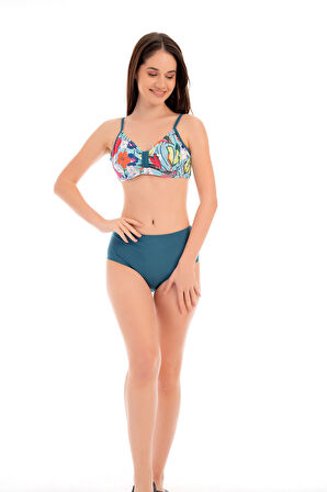 RUKOMAYO PETROL RENGİ ÇİÇEK  DESENLİ OMZUDAN AYAR ASKILI TOPARLAYICI MODEL BALENLİ LYCRA KUMAŞ  BİKİNİ