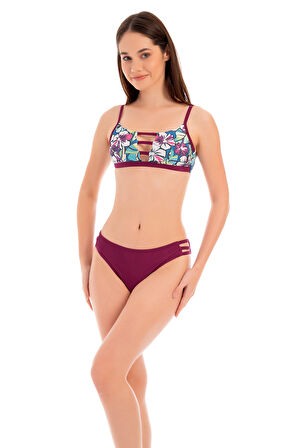 RUKOMAYO BORDO ÇİÇEK DESENLİ GÖĞÜS DETAYLI  OMUZDAN AYAR ASKILI FREESET MODEL LYCRA KUMAŞ BİKİNİ