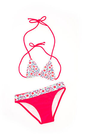 RUKOMAYO PEMBE ÇİÇEK DESENLİ BOYUNDAN BAĞLAMALI ÜÇGEN ÇOCUK BİKİNİ