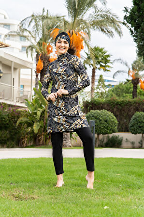 RUKOMAYO SİYAH YAPRAK   DESENLİ BALIKÇI YAKA  BÜYÜK BEDEN LYCRA ( SU İTİCİ VE ÇABUK KURUYAN ) KUMAŞ TESETTÜR MAYO