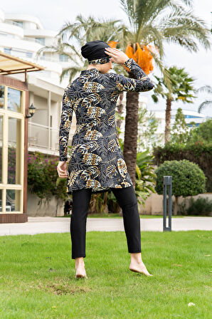 RUKOMAYO SİYAH YAPRAK   DESENLİ BALIKÇI YAKA  BÜYÜK BEDEN LYCRA ( SU İTİCİ VE ÇABUK KURUYAN ) KUMAŞ TESETTÜR MAYO