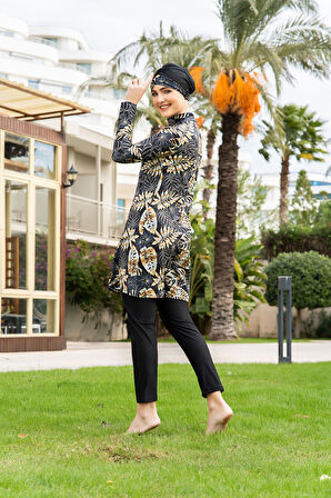 RUKOMAYO SİYAH YAPRAK   DESENLİ BALIKÇI YAKA  BÜYÜK BEDEN LYCRA ( SU İTİCİ VE ÇABUK KURUYAN ) KUMAŞ TESETTÜR MAYO