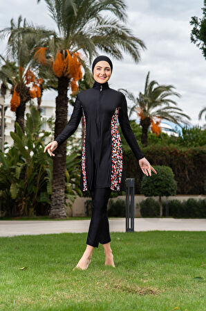 RUKOMAYO SİYAH CUPLU YARIM FERMUARLI BÜYÜK BEDEN LYCRA ( SU İTİCİ VE ÇABUK KURUYAN ) KUMAŞ TESETTÜR MAYO