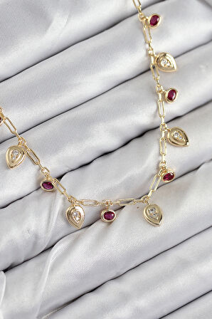 Pirinç Zirkon Taşlı Sallantılı Damla Model Gold Renk Kadın Kolye