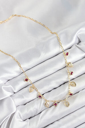 Pirinç Zirkon Taşlı Sallantılı Damla Model Gold Renk Kadın Kolye