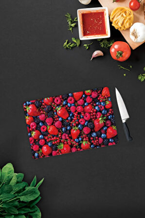 Cam Kesme Tahtası - Cam Kesme Tablası | Mor ve Kırmızı Meyveler | 20cm x 30cm